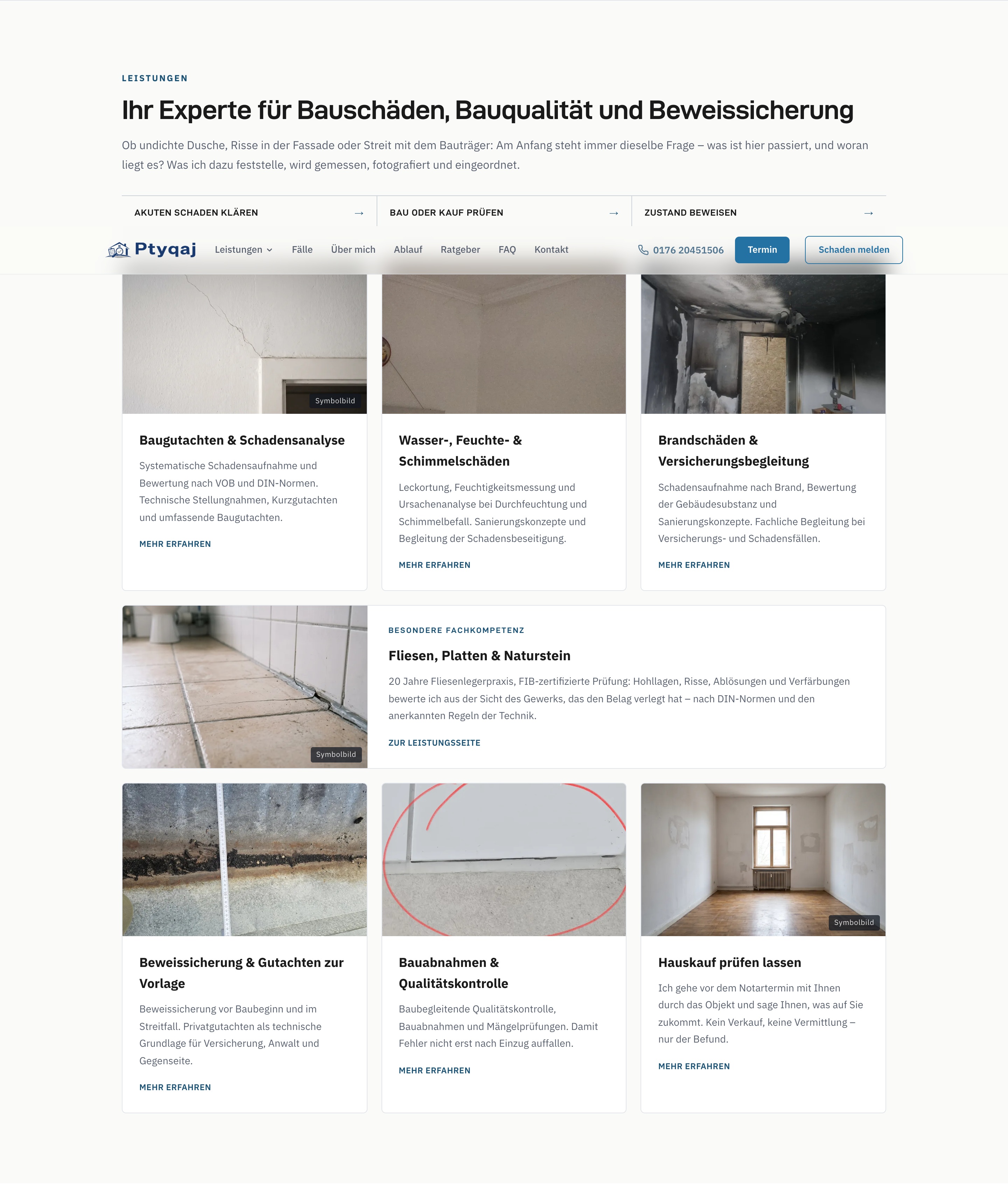 Leistungsübersicht mit drei Einstiegen: akuten Schaden klären, Bau oder Kauf prüfen und Zustand beweisen