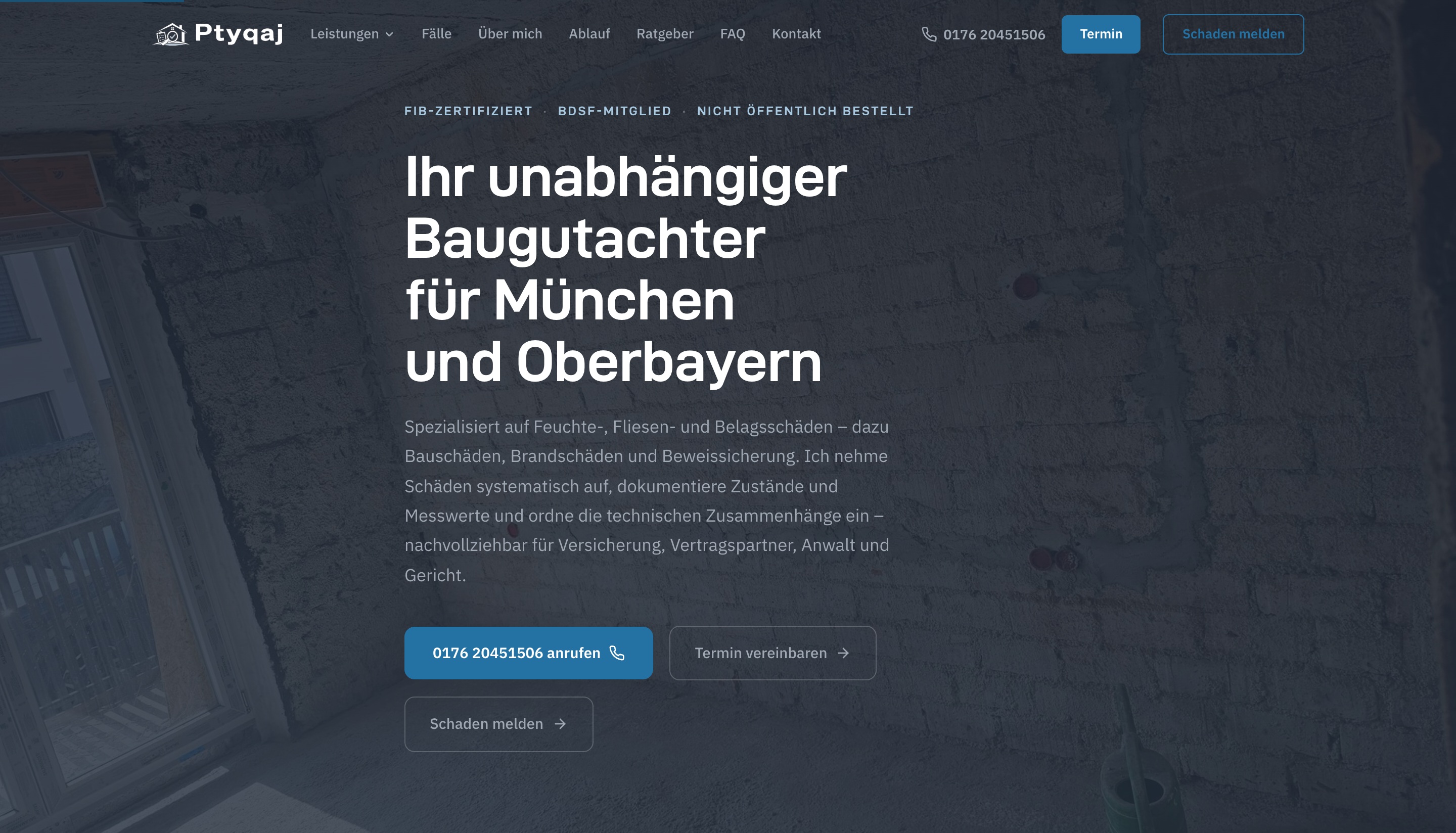 Startansicht der Website von Ptyqaj Bau-Sachverständiger mit Fachgebiet, Region und direkten Kontaktmöglichkeiten