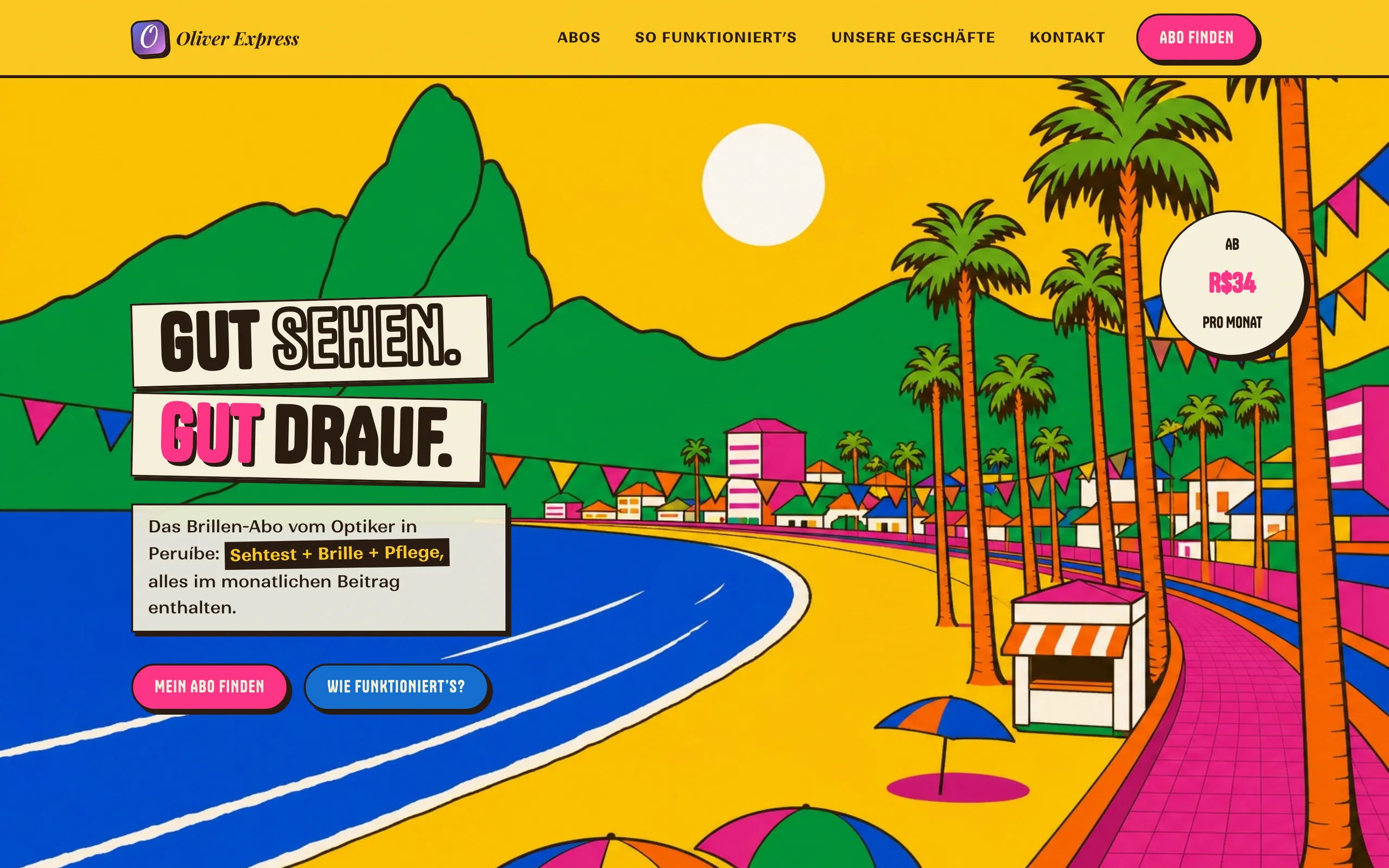 Startseite von Feira mit illustrierter Küste und dem Slogan Gut sehen, gut drauf