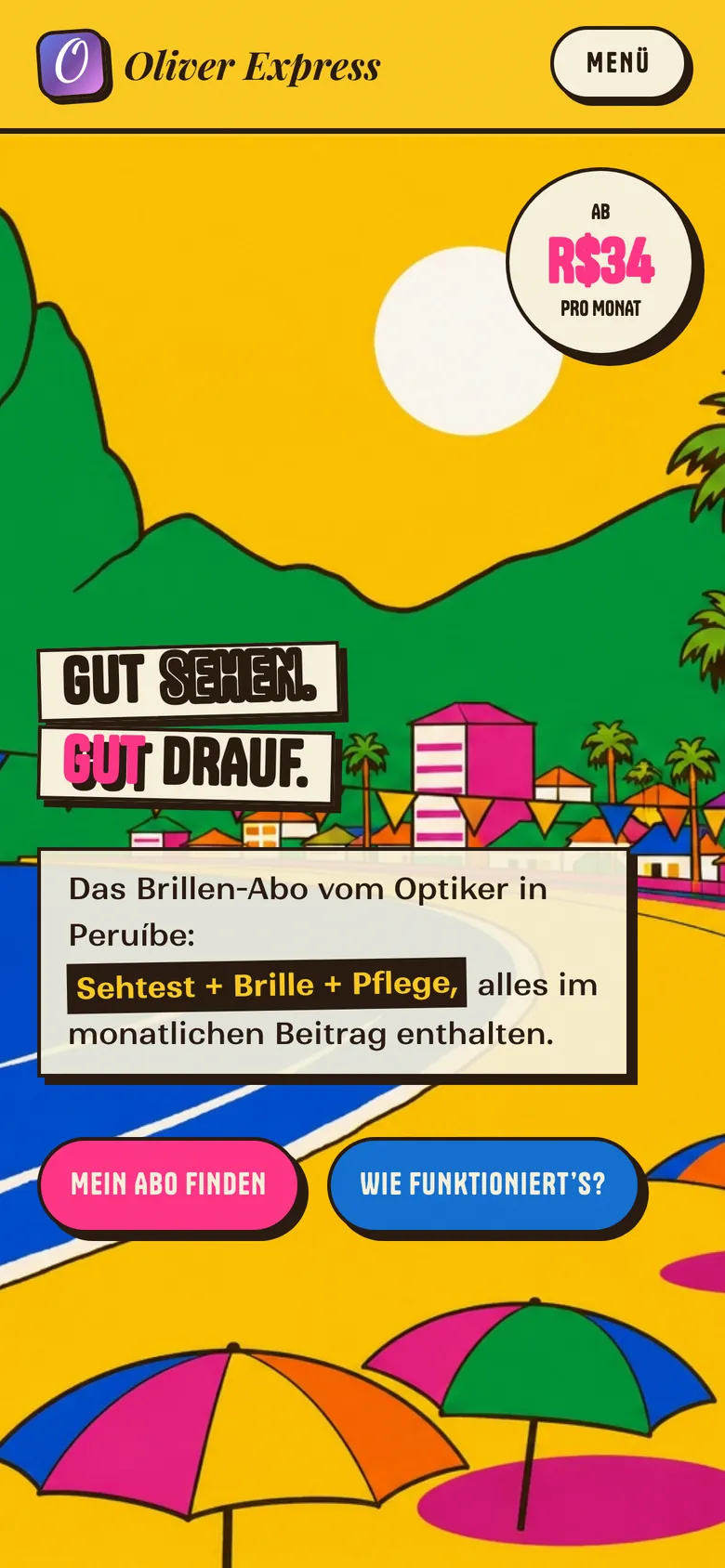 Mobilansicht der Feira-Website mit Brillen-Abo und Monatspreis