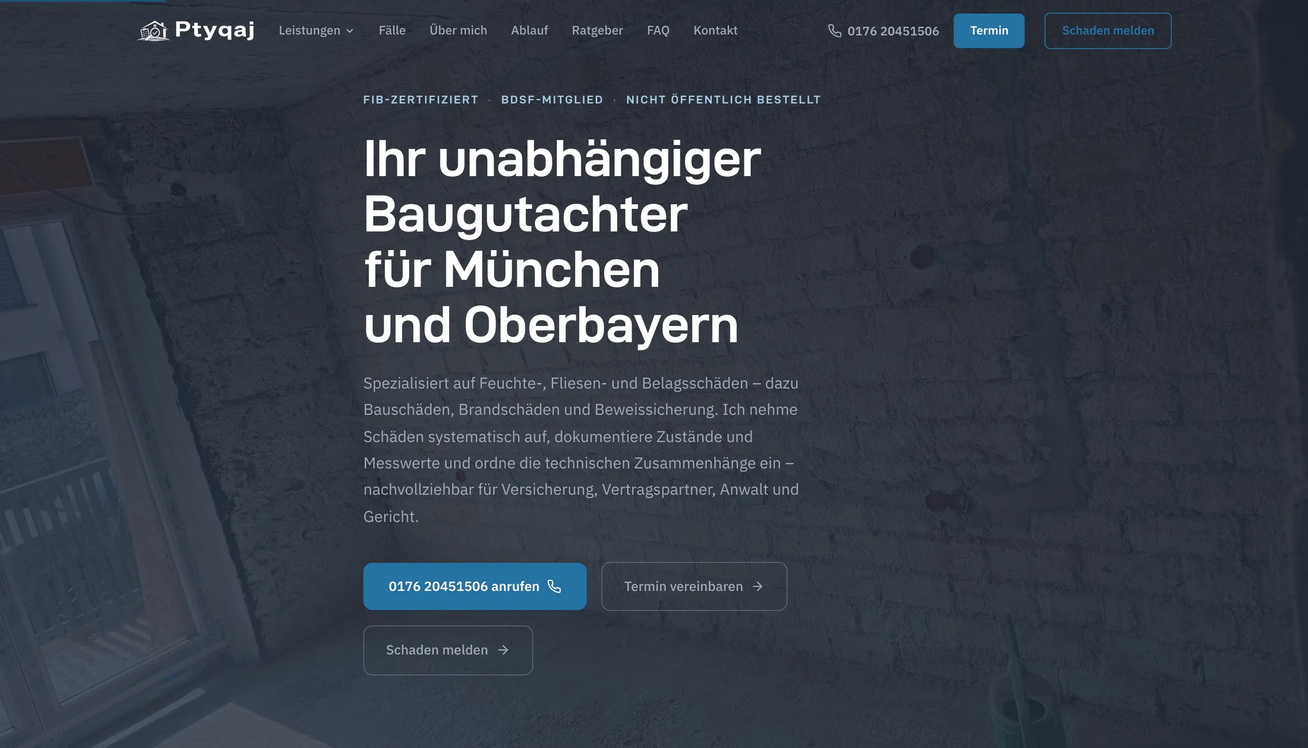 Startansicht der Website von Ptyqaj Bau-Sachverständiger mit Fachgebiet, Region und direkten Kontaktmöglichkeiten