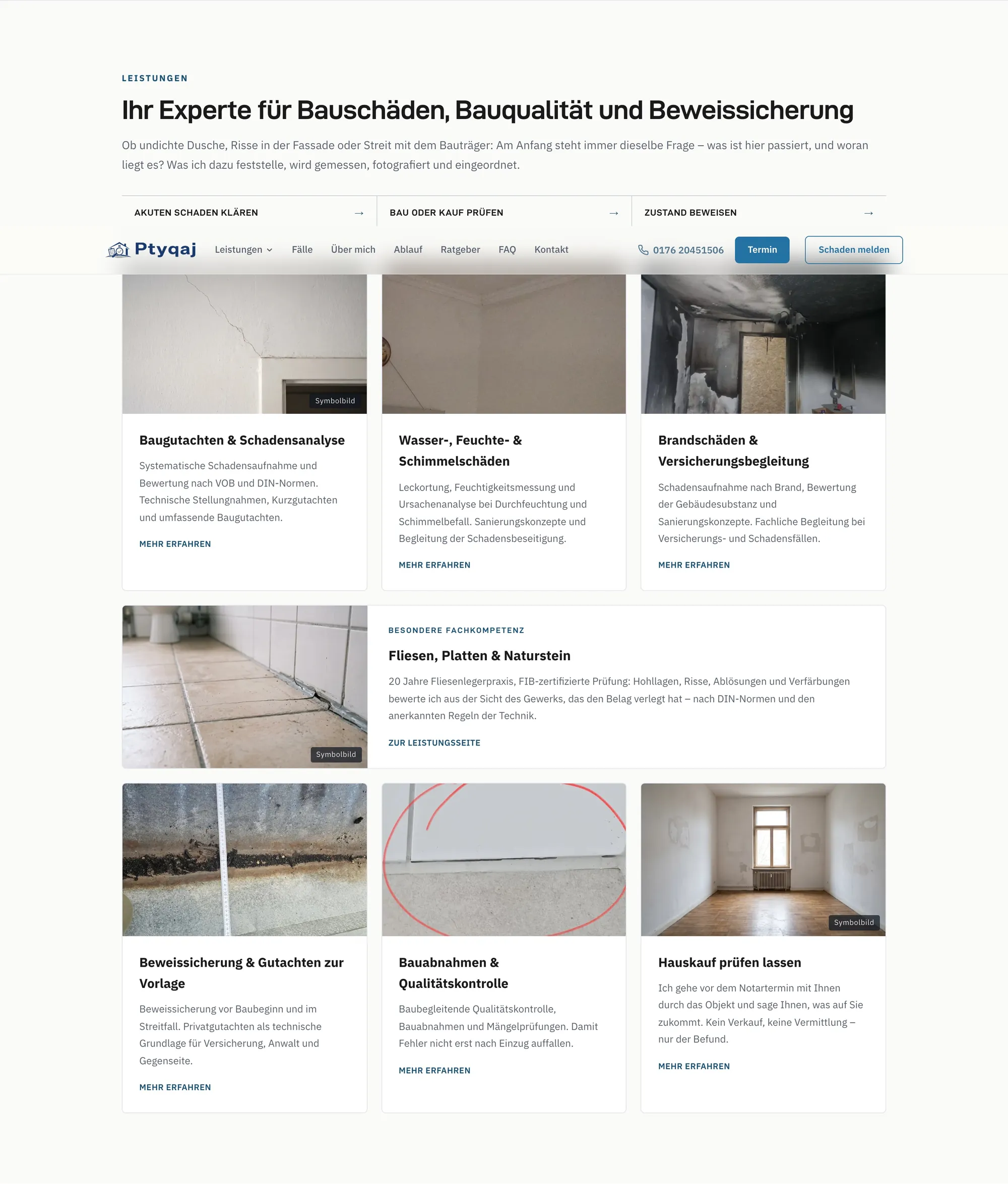 Leistungsübersicht mit drei Einstiegen: akuten Schaden klären, Bau oder Kauf prüfen und Zustand beweisen