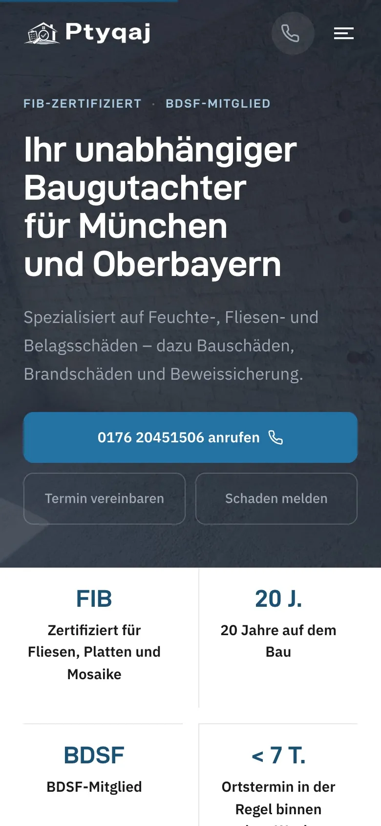 Mobilansicht der Ptyqaj-Website mit Fachgebiet, Telefonnummer und den Wegen zu Termin und Schadensmeldung