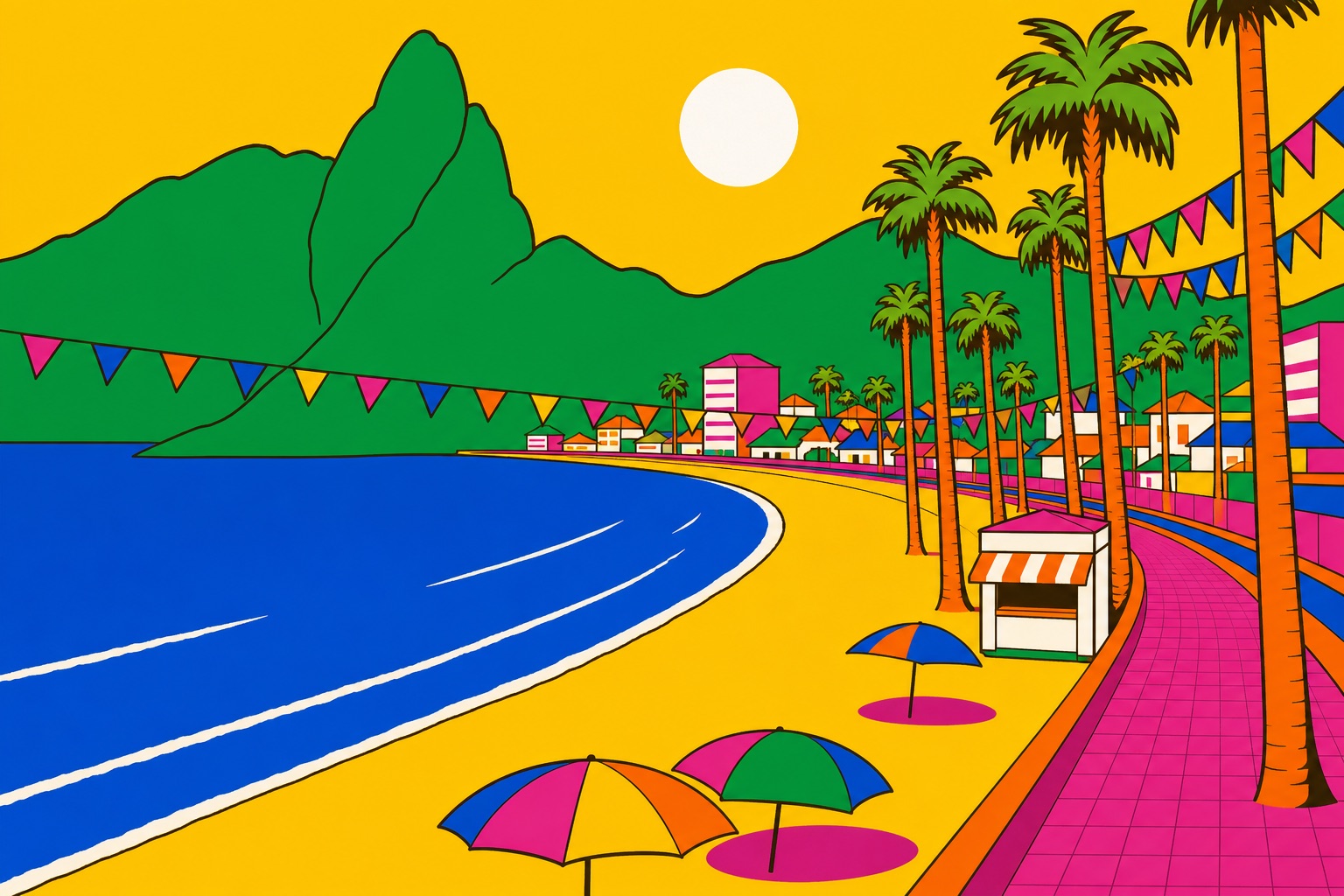 Peruíbe in Pop-Art: Strand, Promenade, Palmen und grüne Berge
